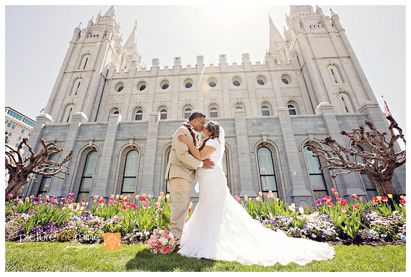 Tongan wedding couple at Salt Lake City LDS Temple